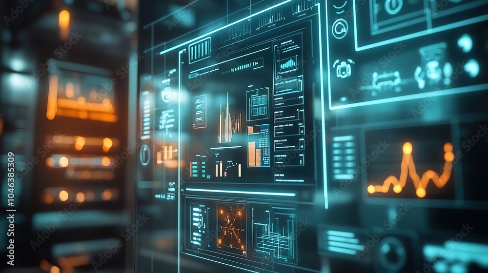 Obraz premium Futuristic data visualization display in a high-tech environment showcasing complex analytics and digital interfaces in a control room