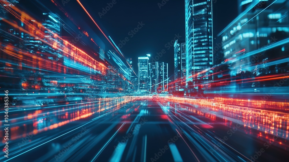 Fototapeta premium Dynamic night view of a city skyline illuminated by vibrant lights along a busy street captured in a long exposure setting