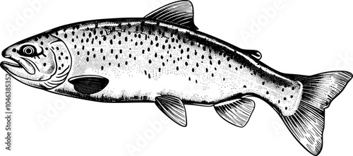 Black and white illustration of a trout, swimming with its mouth open and its tail fin spread wide.