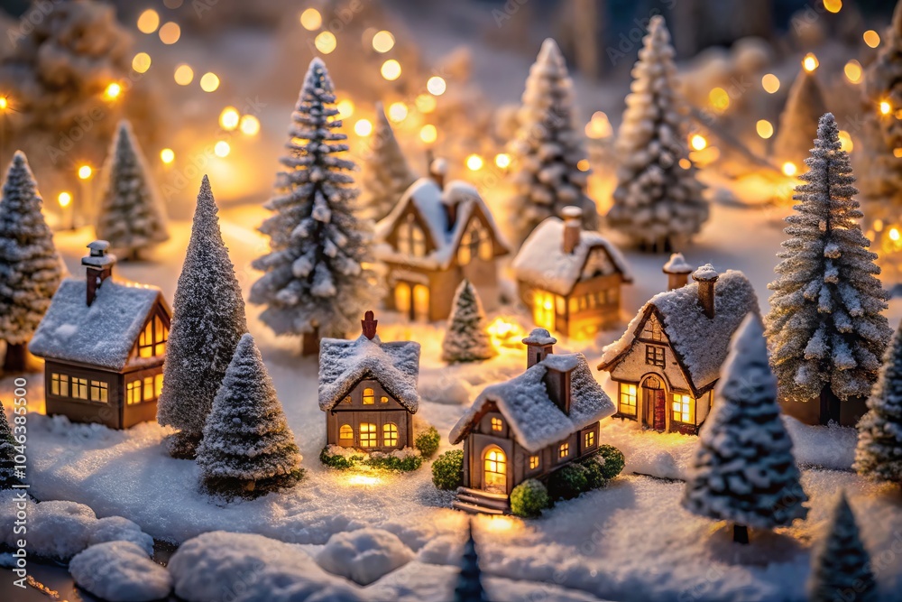 Cozy Miniature Winter Village with Snow-Covered Houses, Trees, and a Festive Atmosphere for Holiday Decoration and Winter Wonderland Photography Cozy Miniature Winter Village with Snow-Covered Houses, Trees, and a Festive Atmosphere for Holiday Decoration and Winter Wonderland Photography