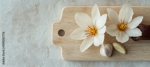 White Flowers and Garlic Cloves on a Wooden Cutting Board