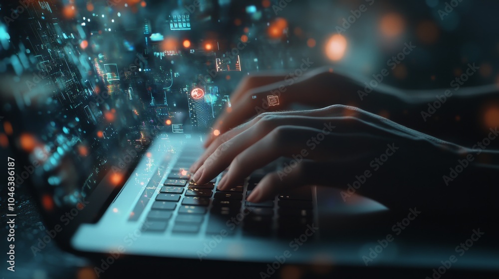 2410 7.A close-up of a person’s hands typing on a laptop, with holographic data streams and icons representing the internet of things and big data flowing above the keyboard. The image captures the 2410 7.A close-up of a person’s hands typing on a laptop, with holographic data streams and icons representing the internet of things and big data flowing above the keyboard. The image captures the