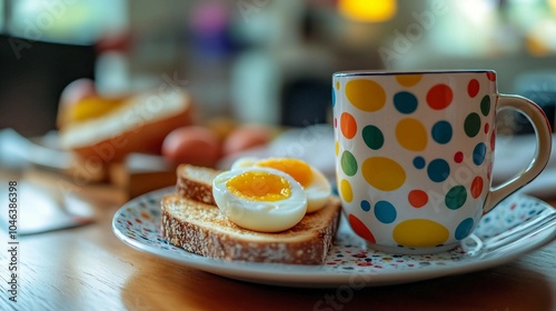 Boiled egg on toast with a colorful mug