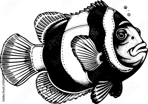 Black and white illustration of a clownfish with a textured appearance and bubbles.