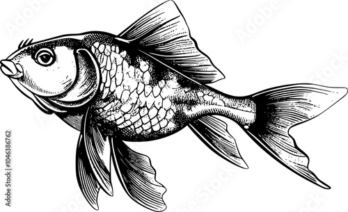 Black and white illustration of a goldfish swimming.