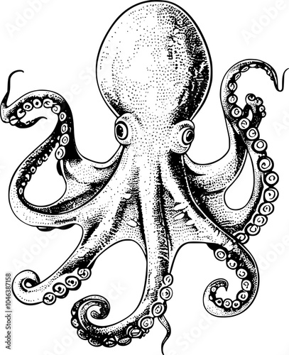 Black and white illustration of an octopus with detailed tentacles.