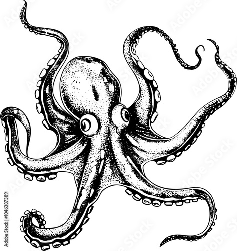 Close-up black and white illustration of an octopus with its tentacles reaching out.