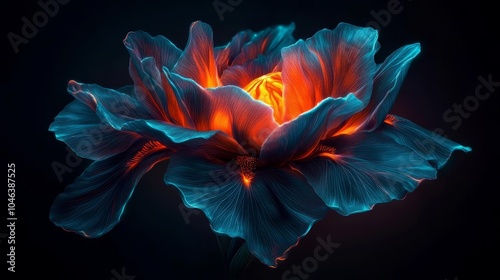 Surreal glowing flower with an iris, electric orange and blue hues, nature-meets-cosmic essence, macro details, vibrant floral digital fantasy art