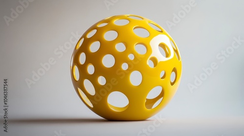 A yellow spherical sculpture with multiple holes, showcasing modern design aesthetics.