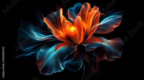 Surreal glowing flower with an iris, electric orange and blue hues, nature-meets-cosmic essence, macro details, vibrant floral digital fantasy art