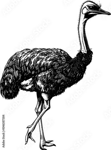 Black and white illustration of an ostrich's head and neck.