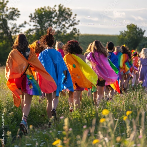 Group of people walking with rainbow flags and capes in a meadow photo