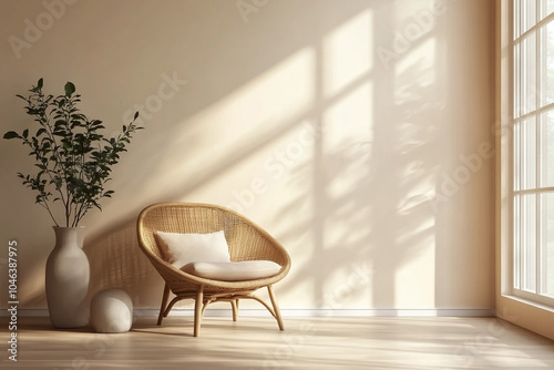 A minimalist living room illuminated by sunlight, with beige walls, wooden floors, rattan chairs, and vases