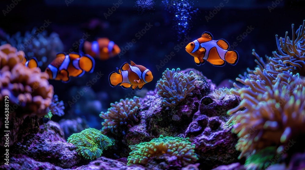 Obraz premium Vibrant Underwater World: Ethereal Abstract Digital Art of Clownfish in Coral Reef with Neon Swirls