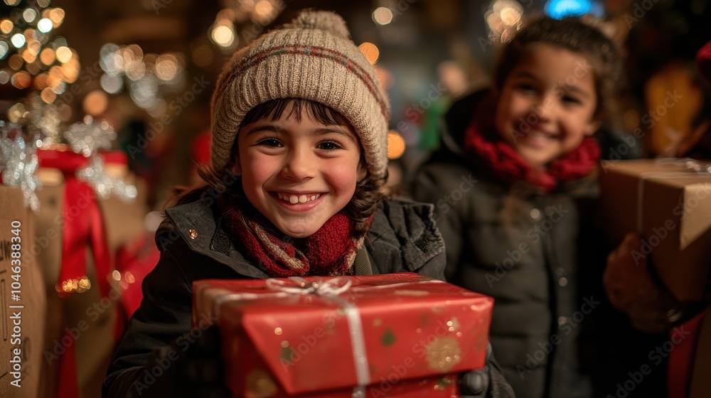 Volunteers distributing gifts to children in need, warm winter setting, children smiling and excited, soft ambient lighting, cozy atmosphere, Volunteers distributing gifts to children in need, warm winter setting, children smiling and excited, soft ambient lighting, cozy atmosphere,