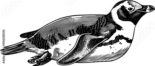 Black and white illustration of a penguin with its wings spread out, swimming.