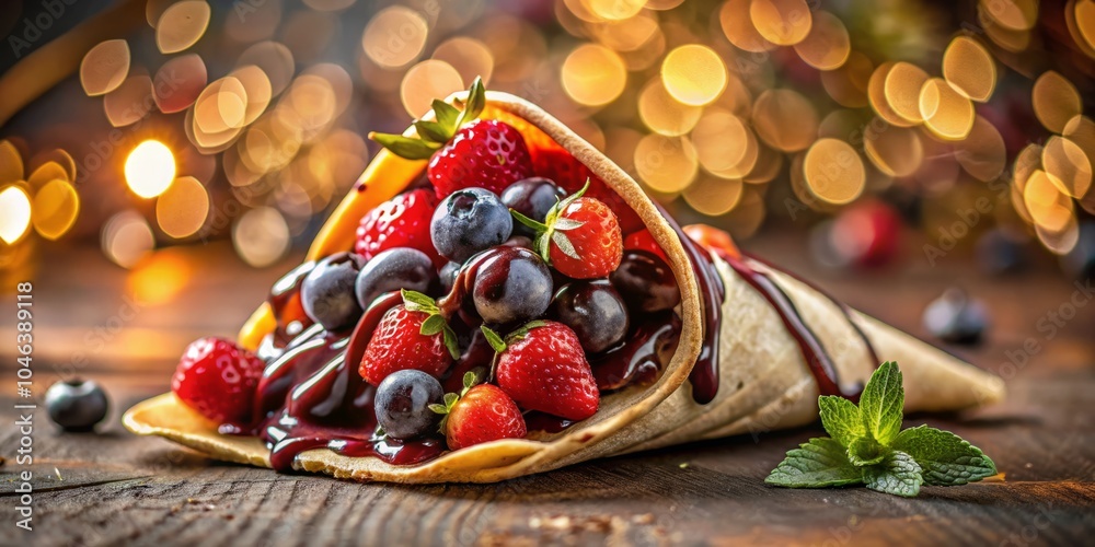 Delicious Long Exposure Ice Cream in Crepe Dessert with Colorful Toppings and Drizzling Sauces, Capturing the Sweet Indulgence and Tempting Textures Perfect for Food Photography Delicious Long Exposure Ice Cream in Crepe Dessert with Colorful Toppings and Drizzling Sauces, Capturing the Sweet Indulgence and Tempting Textures Perfect for Food Photography