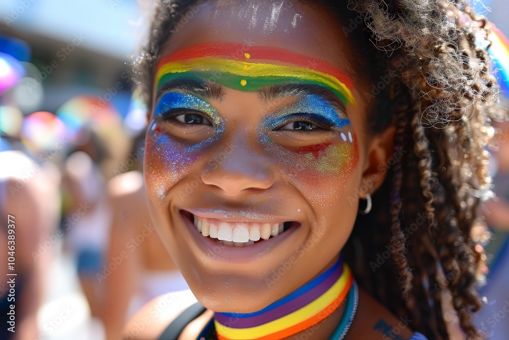Happy Woman with Rainbow Makeup and Hair at Pride Parade Happy Woman with Rainbow Makeup and Hair at Pride Parade