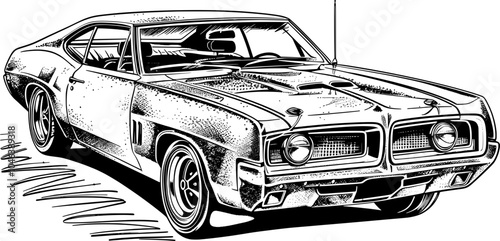 A vintage black and white illustration of a classic muscle car.