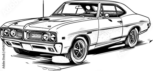 Black and white sketch of a vintage muscle car.