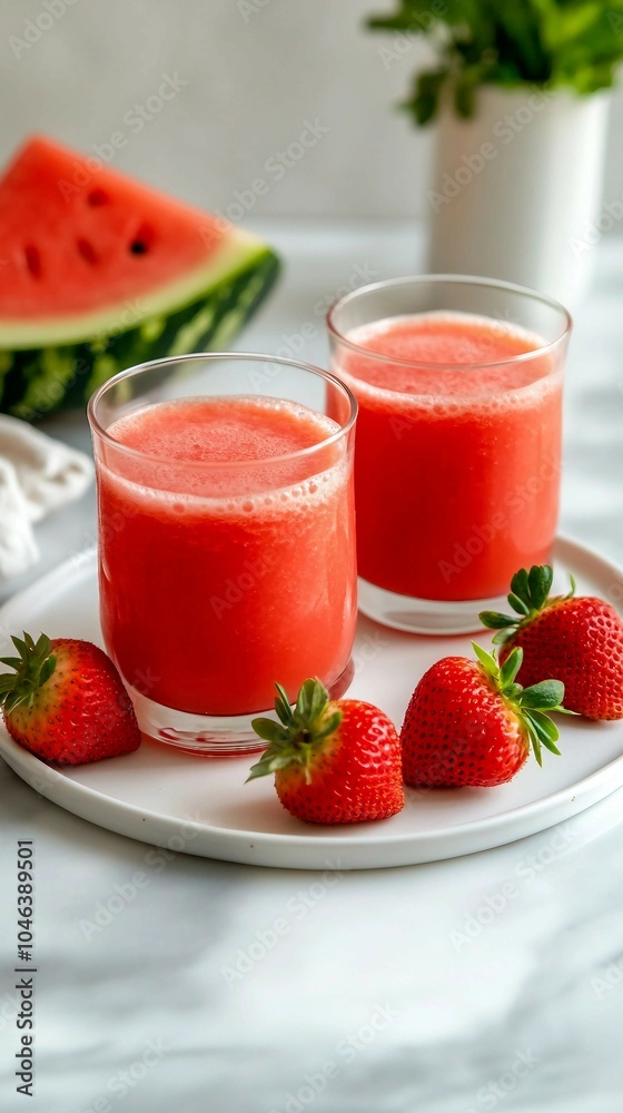 Fresh Watermelon and Strawberry Juice with Fruit Garnish Fresh Watermelon and Strawberry Juice with Fruit Garnish