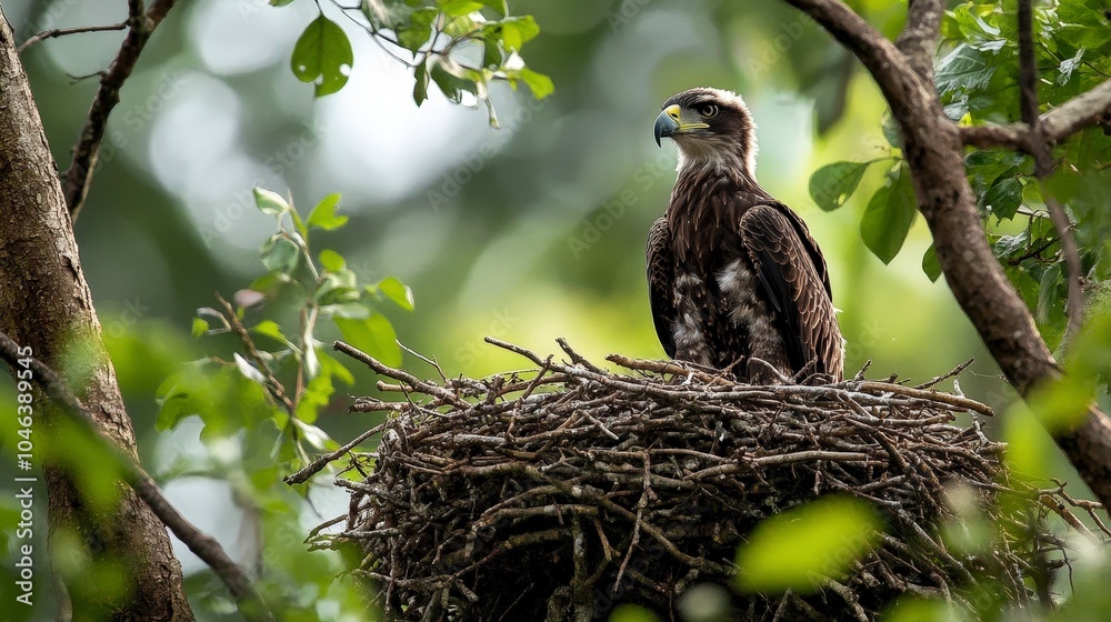 Fototapeta premium A majestic eagle stands guard over its nest, surrounded by lush greenery.