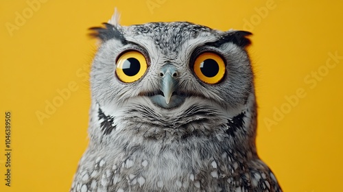 An isolated studio photo of a startled owl on a yellow backdrop 