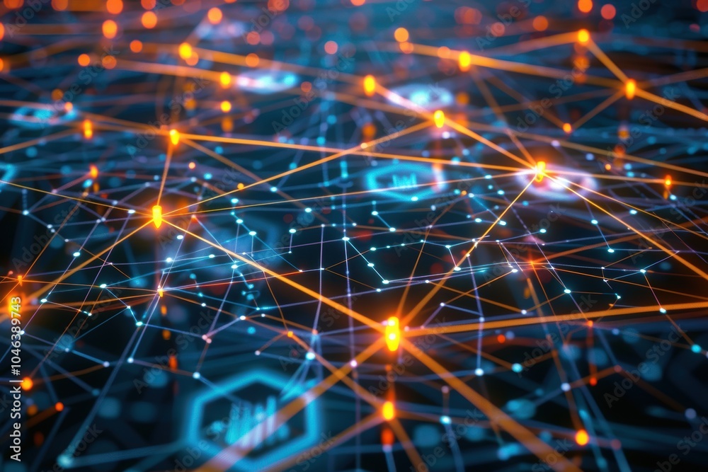 Glowing Web of Business Connections with Digital Graphs and Icons Symbolizing Network Interconnectivity Glowing Web of Business Connections with Digital Graphs and Icons Symbolizing Network Interconnectivity