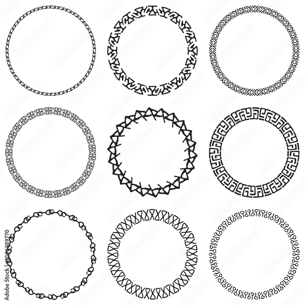 Set of decorative tribal openwork circle frames. Geometric ethnic ornate round border on white background. Mayan style pattern. Vector illustration