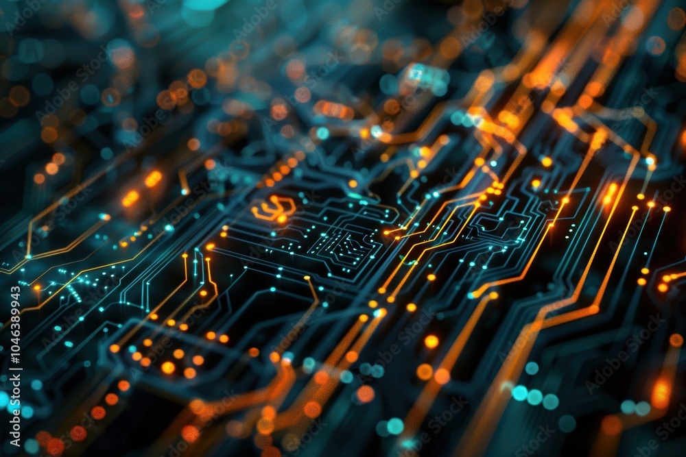 Interconnected Digital Circuit Board Web: Symbolizing Technology in Business Design Interconnected Digital Circuit Board Web: Symbolizing Technology in Business Design
