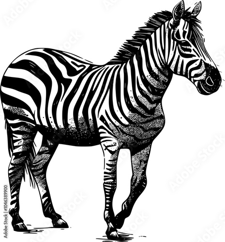 A black and white illustration of a zebra with a stippled effect.