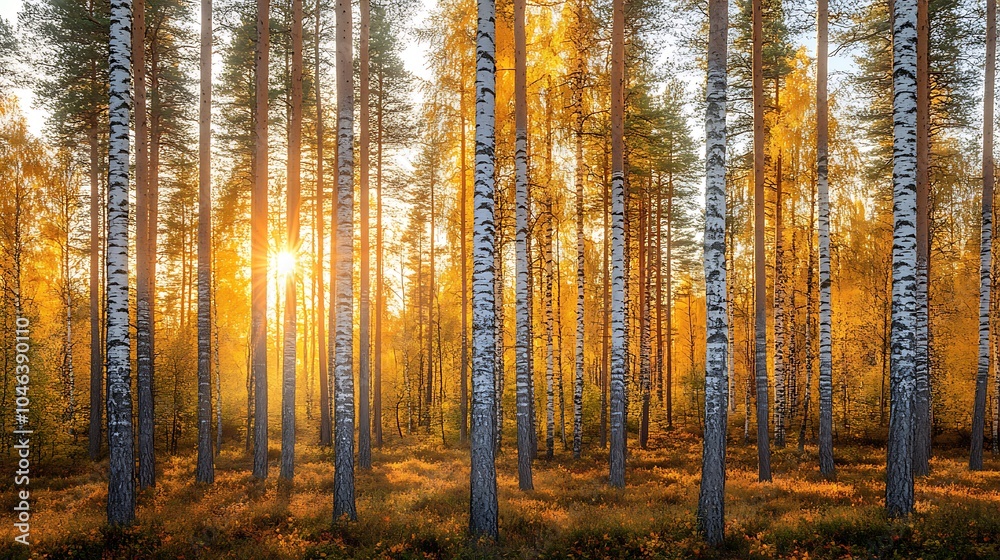Sunlight Shining Through Pine Forest Glade Sunlight Shining Through Pine Forest Glade