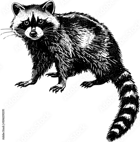 Black and white illustration of a raccoon.