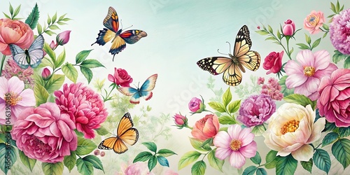 Fototapeta Naklejka Na Ścianę i Meble -  Mesmerizing arrangement of butterflies, hibiscus, roses, and peonies within a charming border aerial view