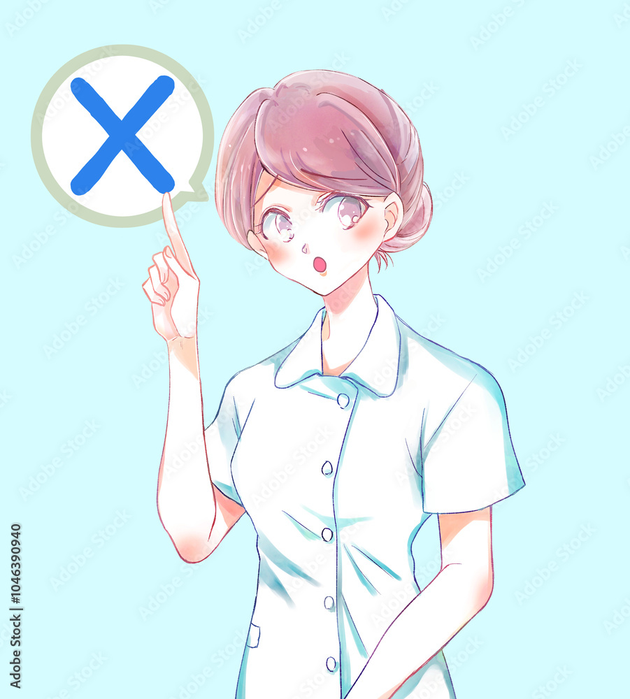 困った顔で人差し指を差す女性看護師　バツ