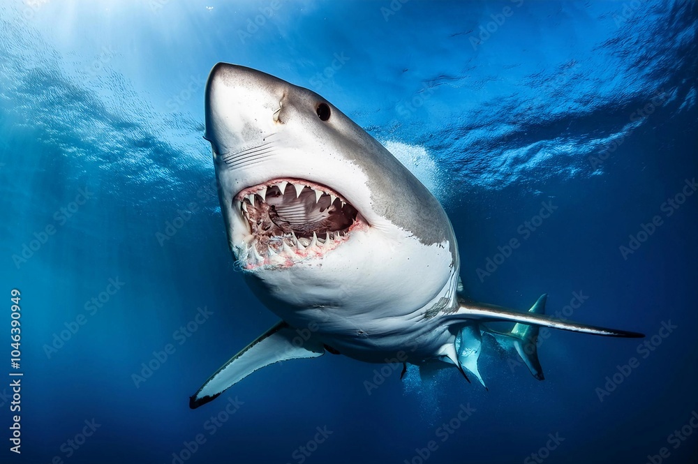 Naklejka premium A white shark open his mouth and showing his sharp teeth on deep blue sea backgroun