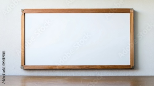 A blank whiteboard with a wooden frame mounted on a wall above a wooden table.