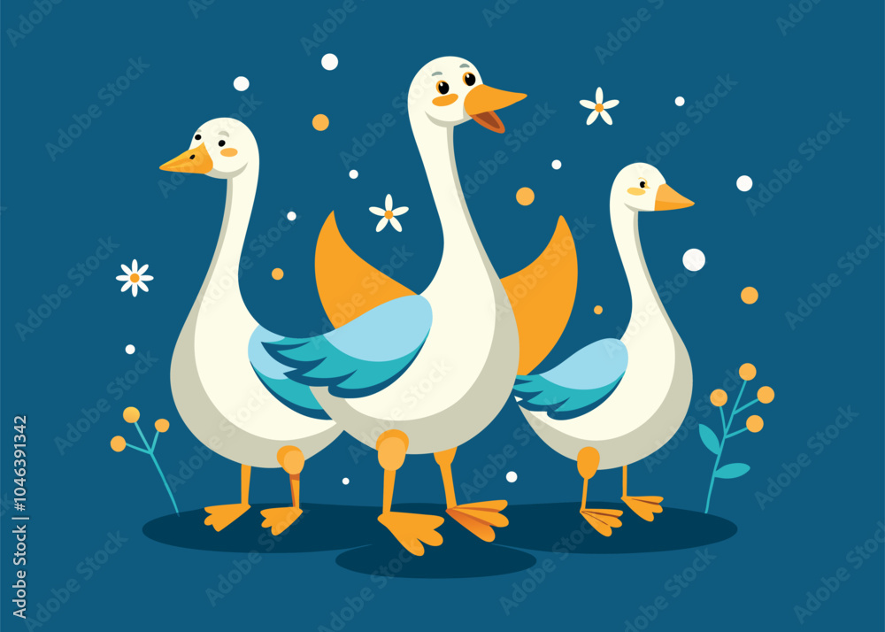 Obraz premium A cheerful illustration of three geese standing together amidst blooming flowers. Perfect for children's books, greeting cards, or farm-themed designs.
