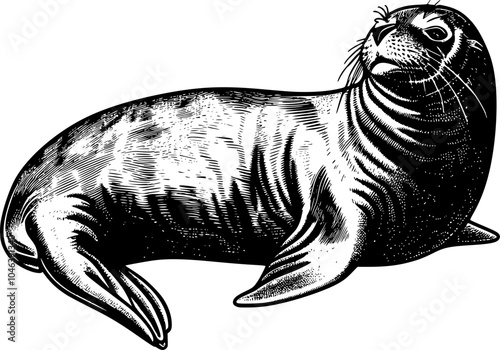 Black and white illustration of a seal lying down, looking up.