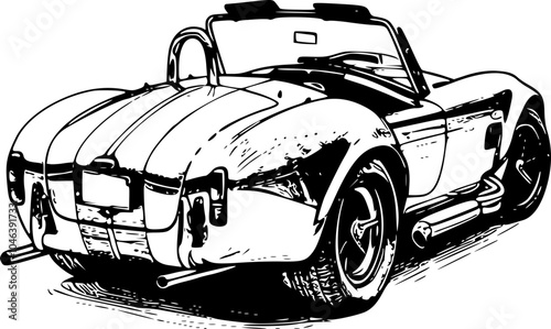 A black and white illustration of a classic American sports car with a rear view.
