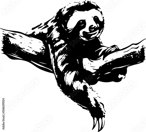 Black and white illustration of a sloth hanging upside down on a branch.