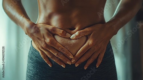 Female figure clutching her abdomen, grimacing in pain, close-up on hands and stomach, expressing physical discomfort, medical issue photo