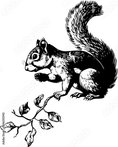 Black and white illustration of a squirrel with a bushy tail. (1)