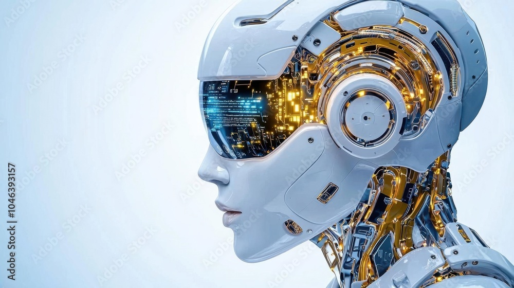 Fototapeta premium A photostock of a high-tech virtual assistant robot against a white background, representing modern technology or AI.