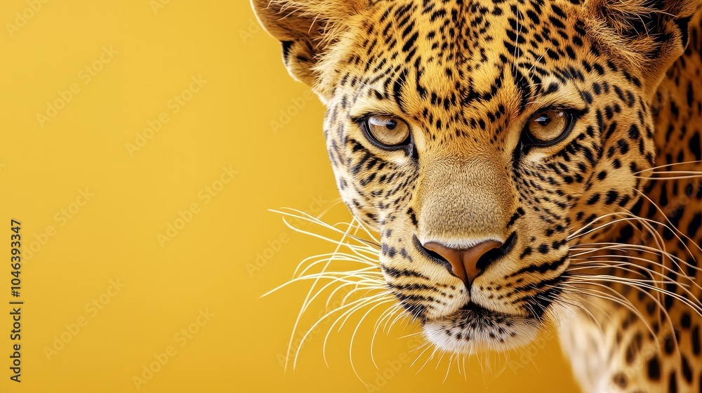 Obraz premium Leopard face with yellow fur tones against a muted yellow background, fine whiskers, deep eyes, minimalistic yet powerful wildlife photography