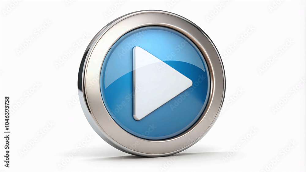 play button on white background blue button paly button sleek, metallic button with a prominent play arrow, perfect for starting media playback