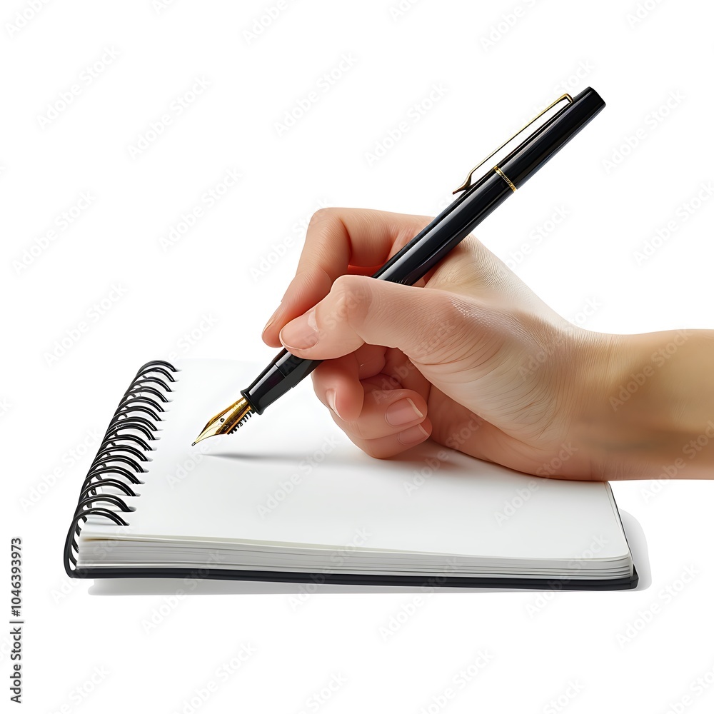 Pen in hand writing on the notebook isolated on white background Pen in hand writing on the notebook isolated on white background