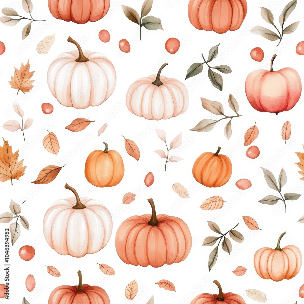 Seamless watercolor pattern featuring vibrant maple leaves, pumpkins, and apples, perfect for autumn-themed designs. Seamless watercolor pattern featuring vibrant maple leaves, pumpkins, and apples, perfect for autumn-themed designs.