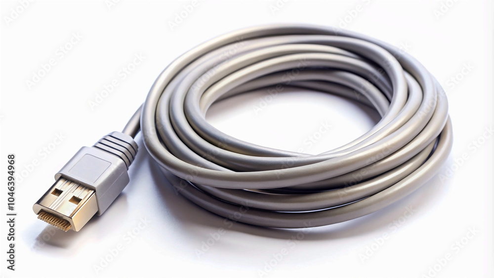 coiled silver DisplayPort cable with a sleek connector, ready to connect your devices for high-quality video and audio. coiled silver DisplayPort cable with a sleek connector, ready to connect your devices for high-quality video and audio.