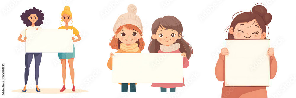 Diverse Characters Holding Blank Signs for Custom Use Diverse Characters Holding Blank Signs for Custom Use
